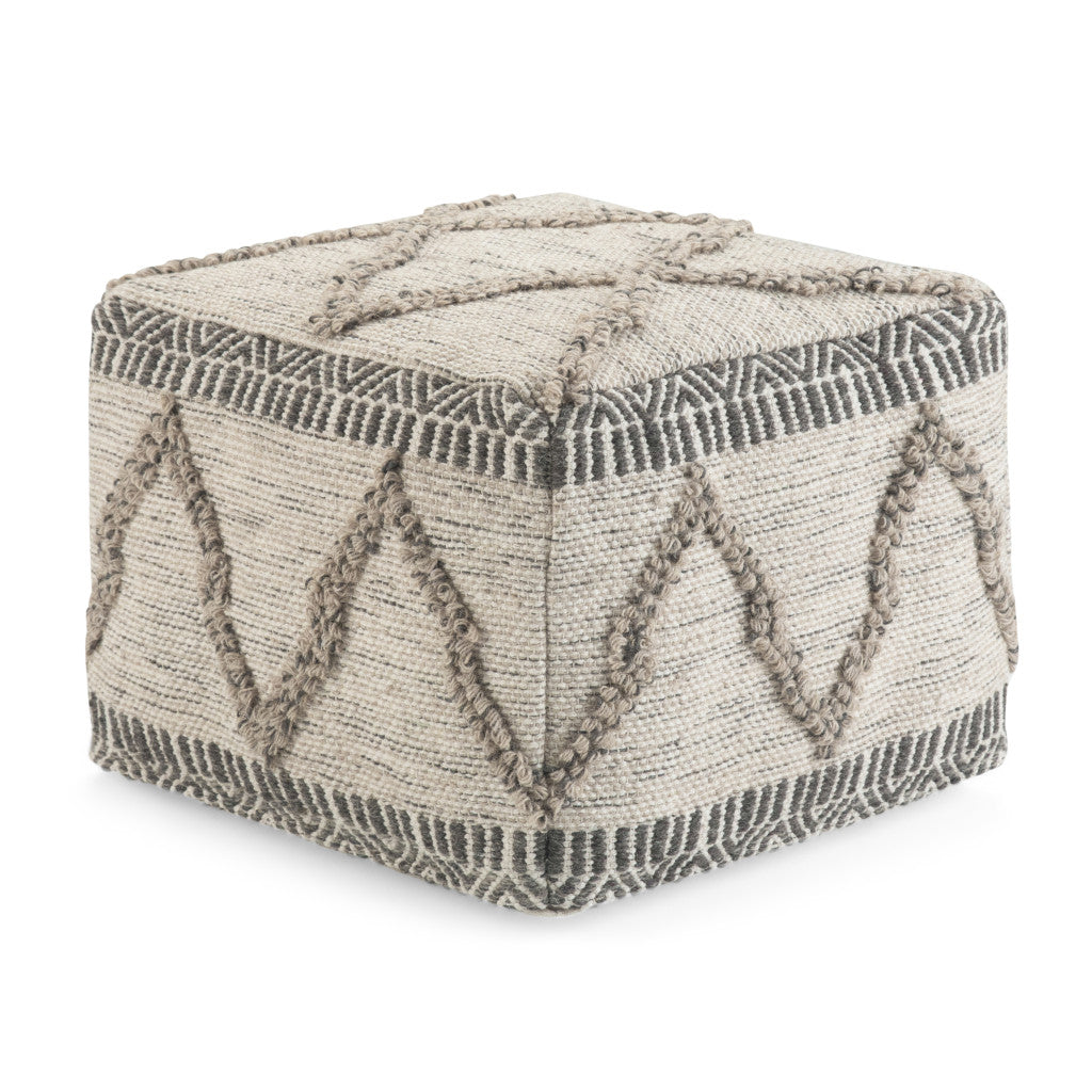 18" Gray and Tan Cotton and Wool Geometric Pouf Ottoman