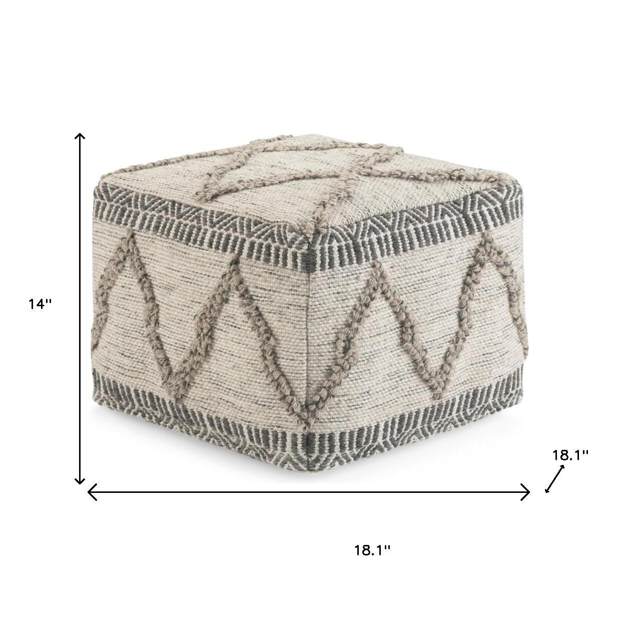 18" Gray and Tan Cotton and Wool Geometric Pouf Ottoman
