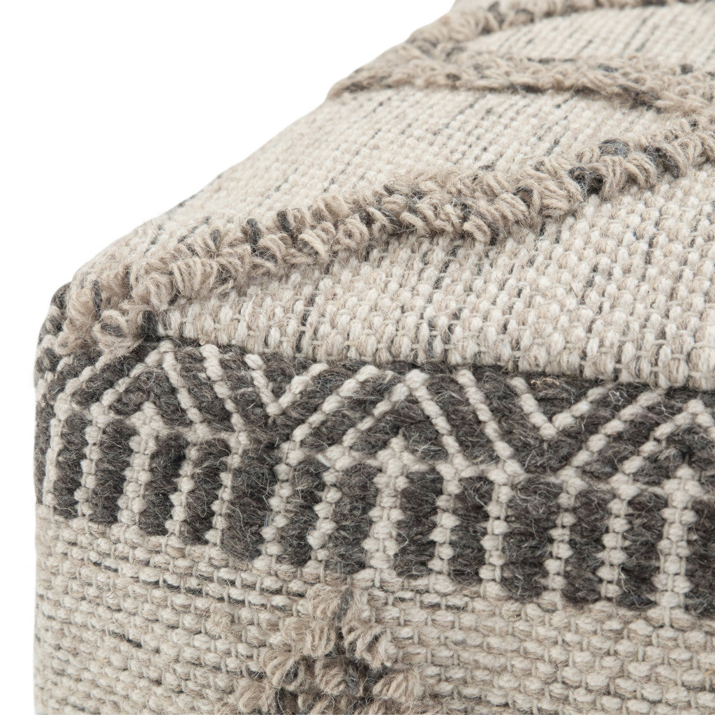 18" Gray and Tan Cotton and Wool Geometric Pouf Ottoman