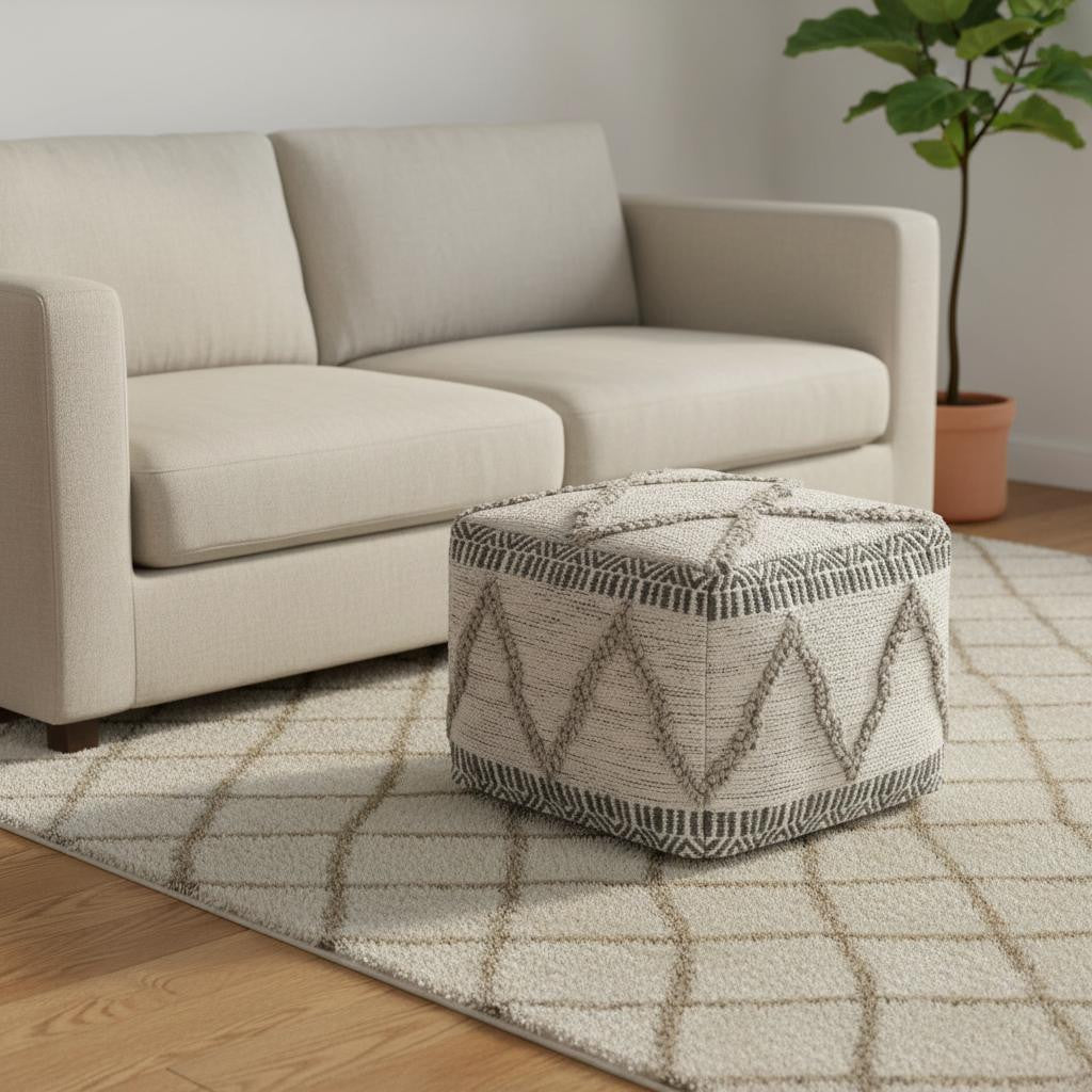 18" Gray and Tan Cotton and Wool Geometric Pouf Ottoman