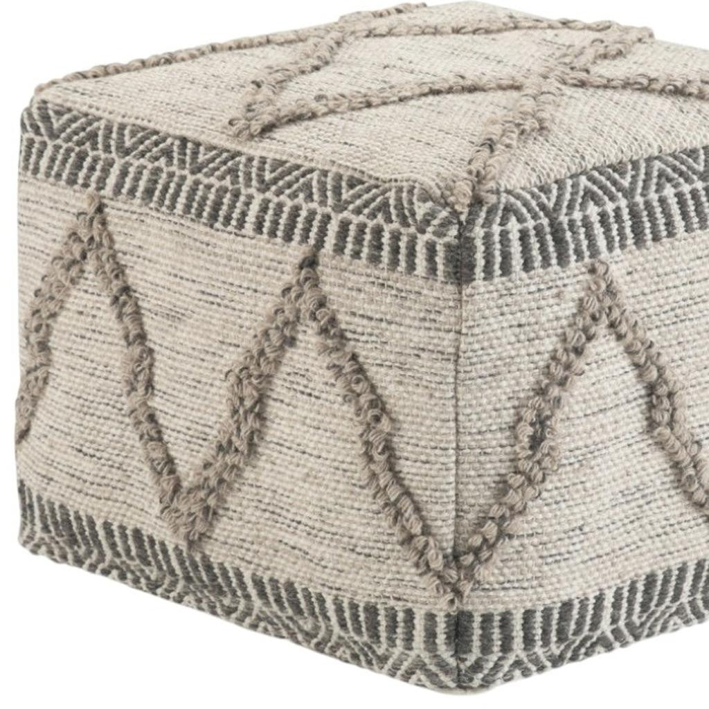 18" Gray and Tan Cotton and Wool Geometric Pouf Ottoman