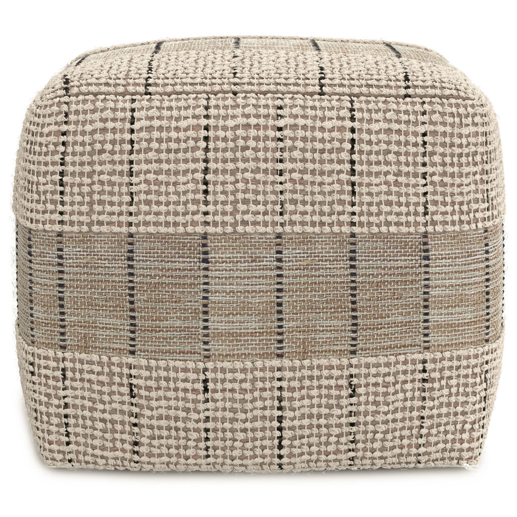 18" Gray and Tan Jute and Cotton Geometric Pouf Ottoman