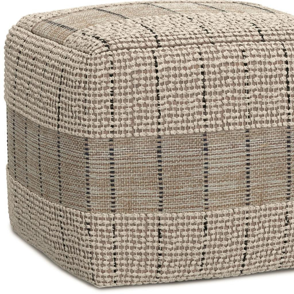 18" Gray and Tan Jute and Cotton Geometric Pouf Ottoman