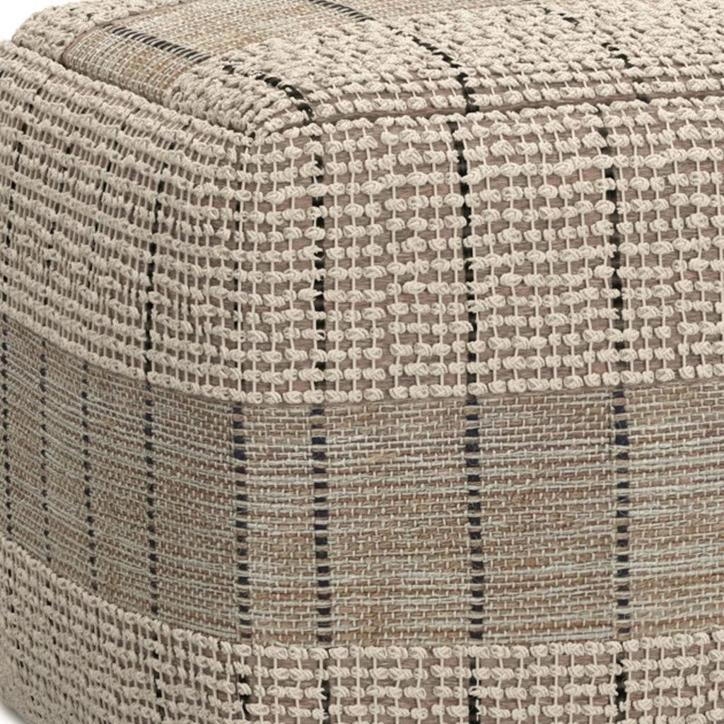 18" Gray and Tan Jute and Cotton Geometric Pouf Ottoman