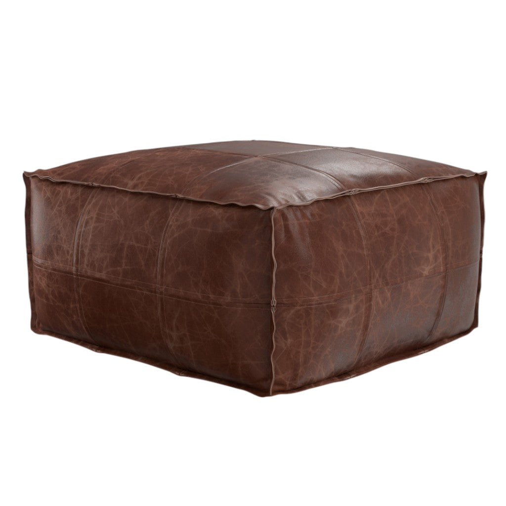 26" Dark Brown Leather Pouf Ottoman