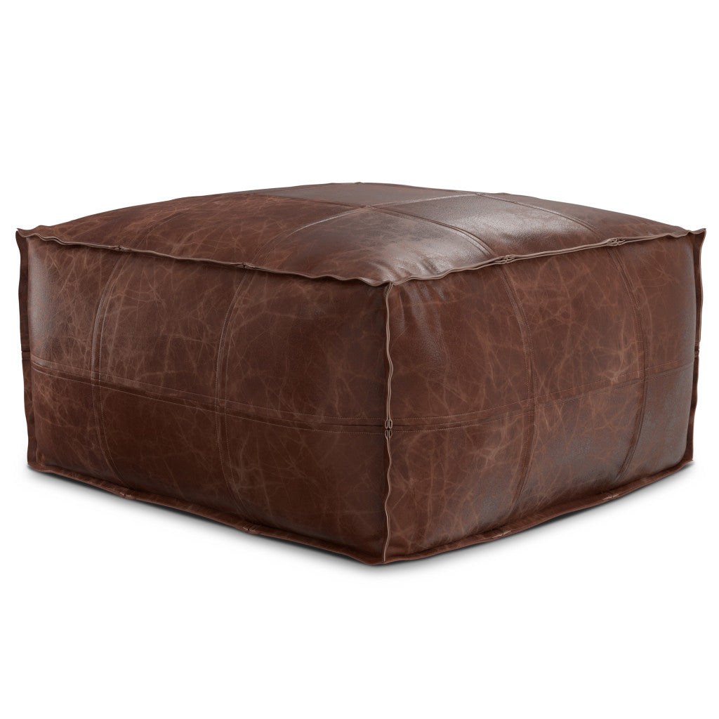 26" Dark Brown Leather Pouf Ottoman