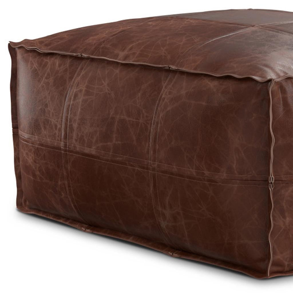 26" Dark Brown Leather Pouf Ottoman