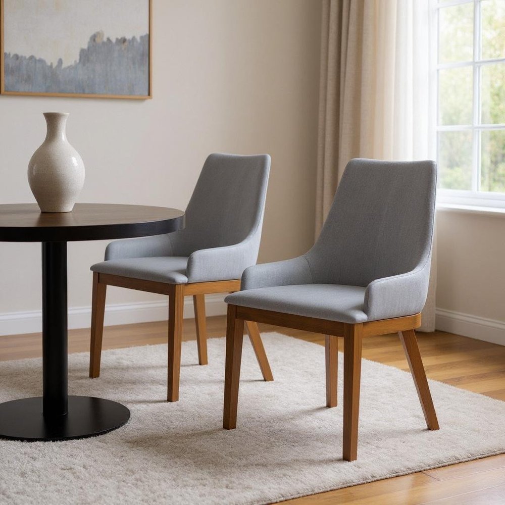 Set of Two Gray and Walnut Solid Wood Dining Parsons Chairs