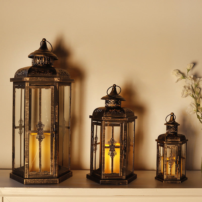 Set of Three Black And Gold Distressed Filigree Metal Tabletop Lantern Candle Holders