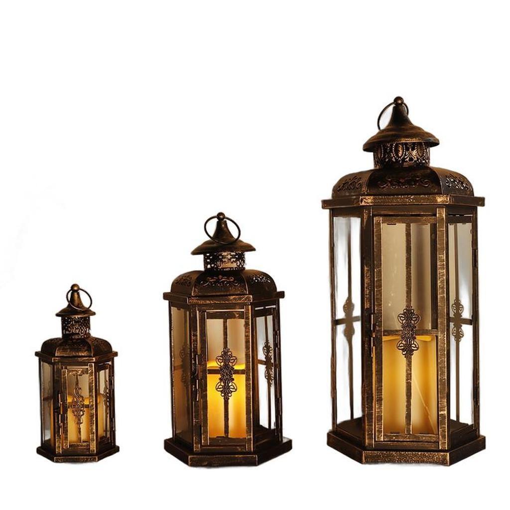 Set of Three Black And Gold Distressed Filigree Metal Tabletop Lantern Candle Holders