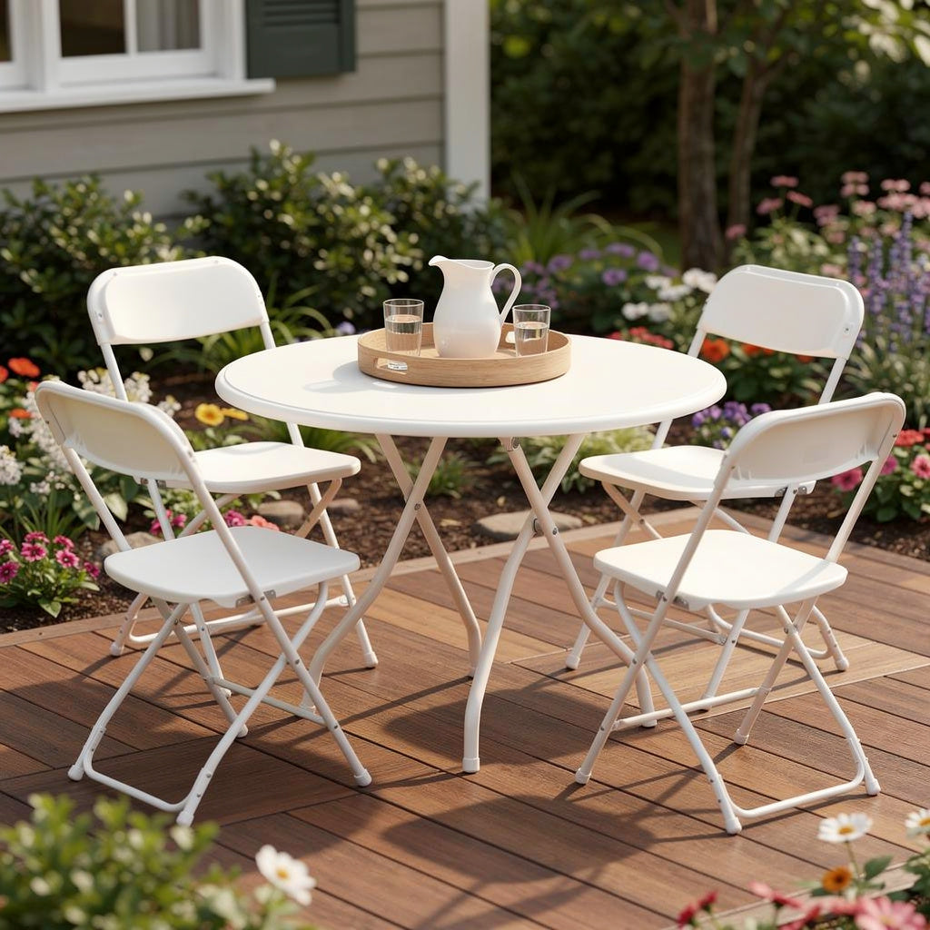 Set of Four White Metal Outdoor Folding Stacking Dining Chairs