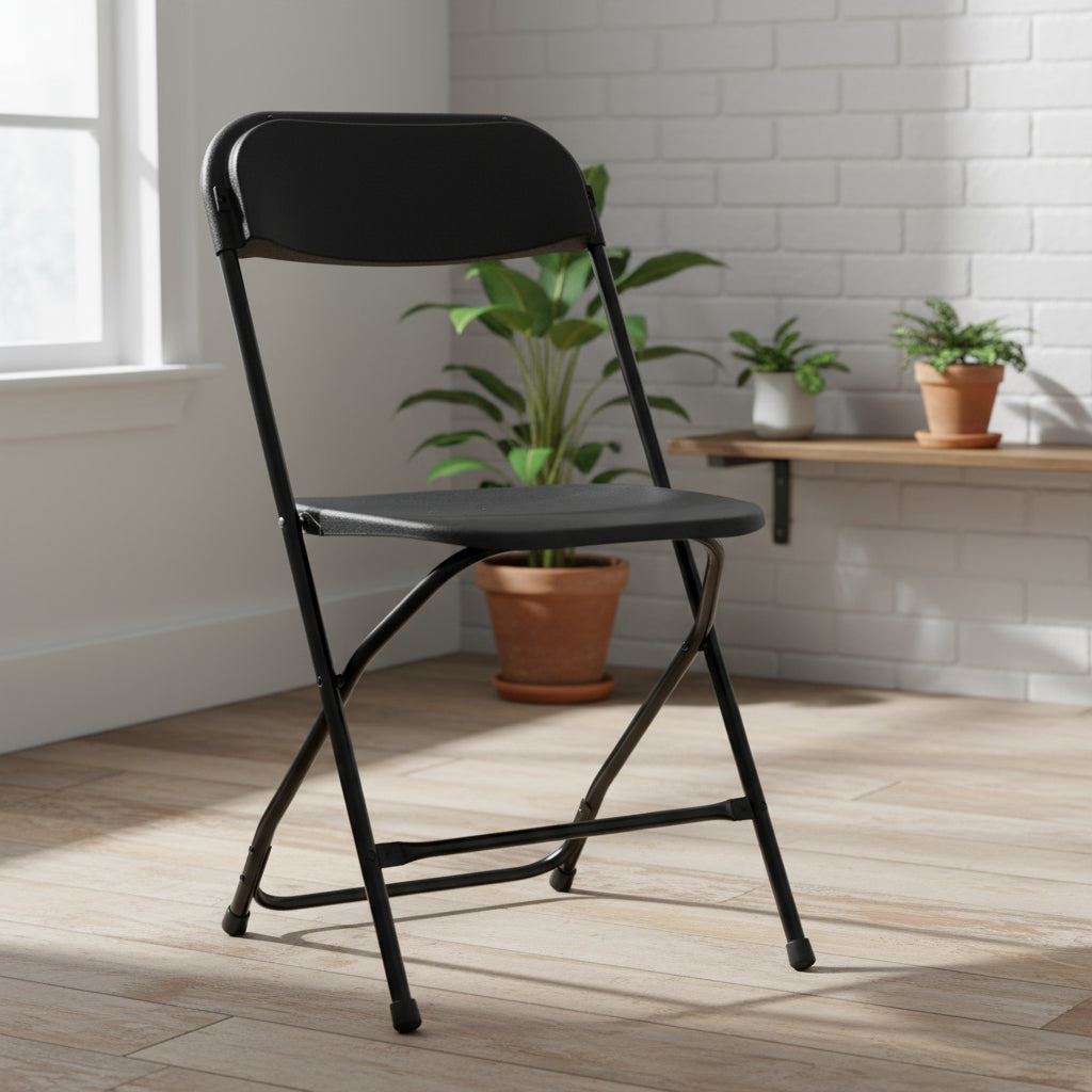 Set of Six Black Metal Outdoor Folding Stacking Dining Chairs