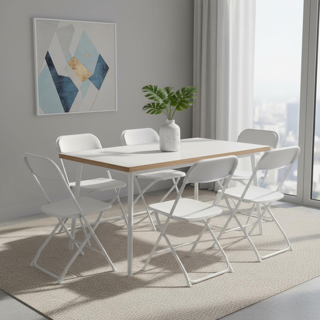 Set of Six White Metal Outdoor Folding Stacking Dining Chairs