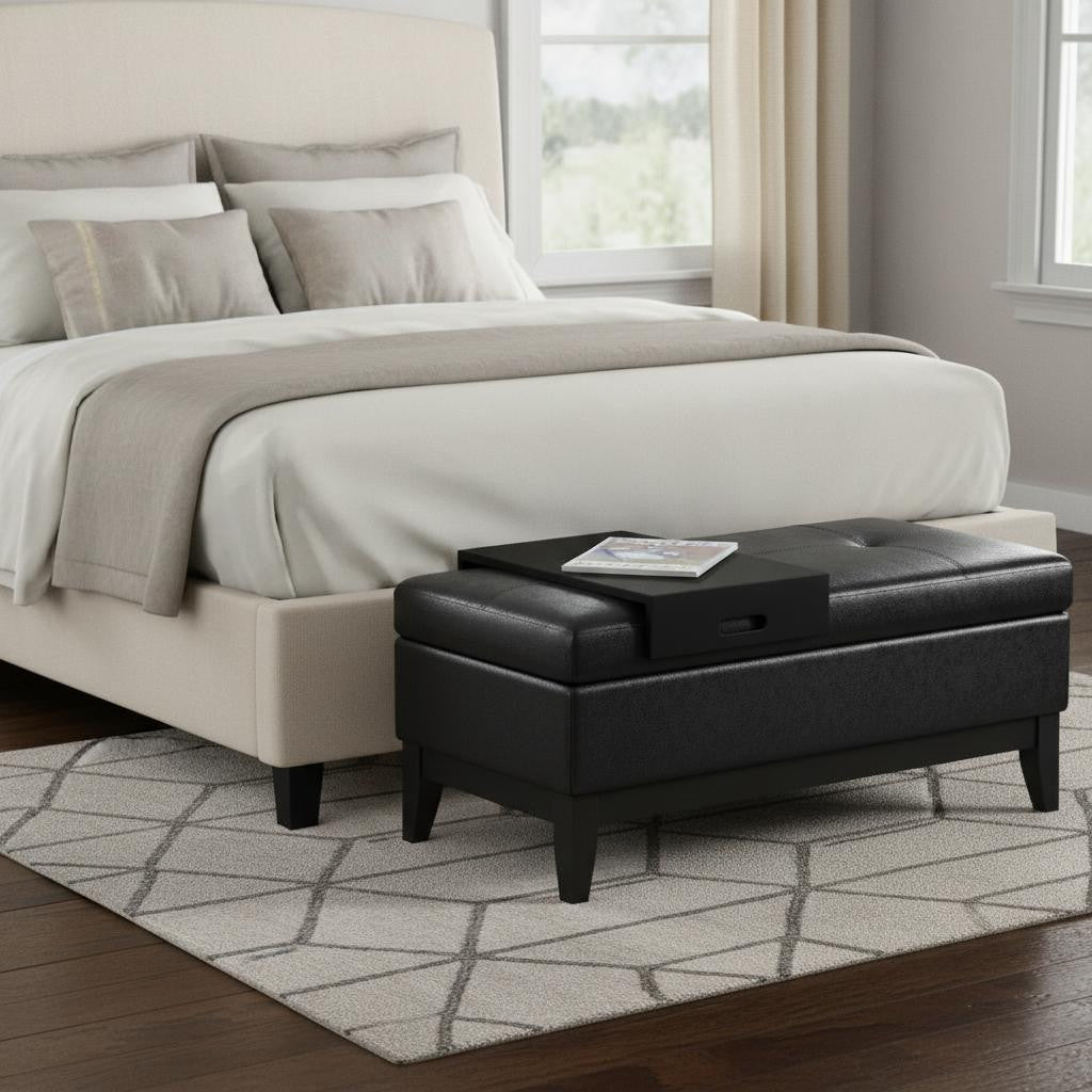 42" Black and Dark Brown Tufted Faux Leather and Solid Wood Upholstered Storage Bench With Tray