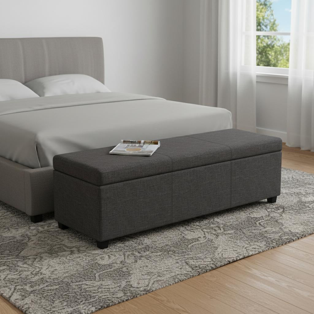 54" Slate Gray and Dark Brown Linen Blend and Solid Wood Upholstered Storage Bench With Flip Top