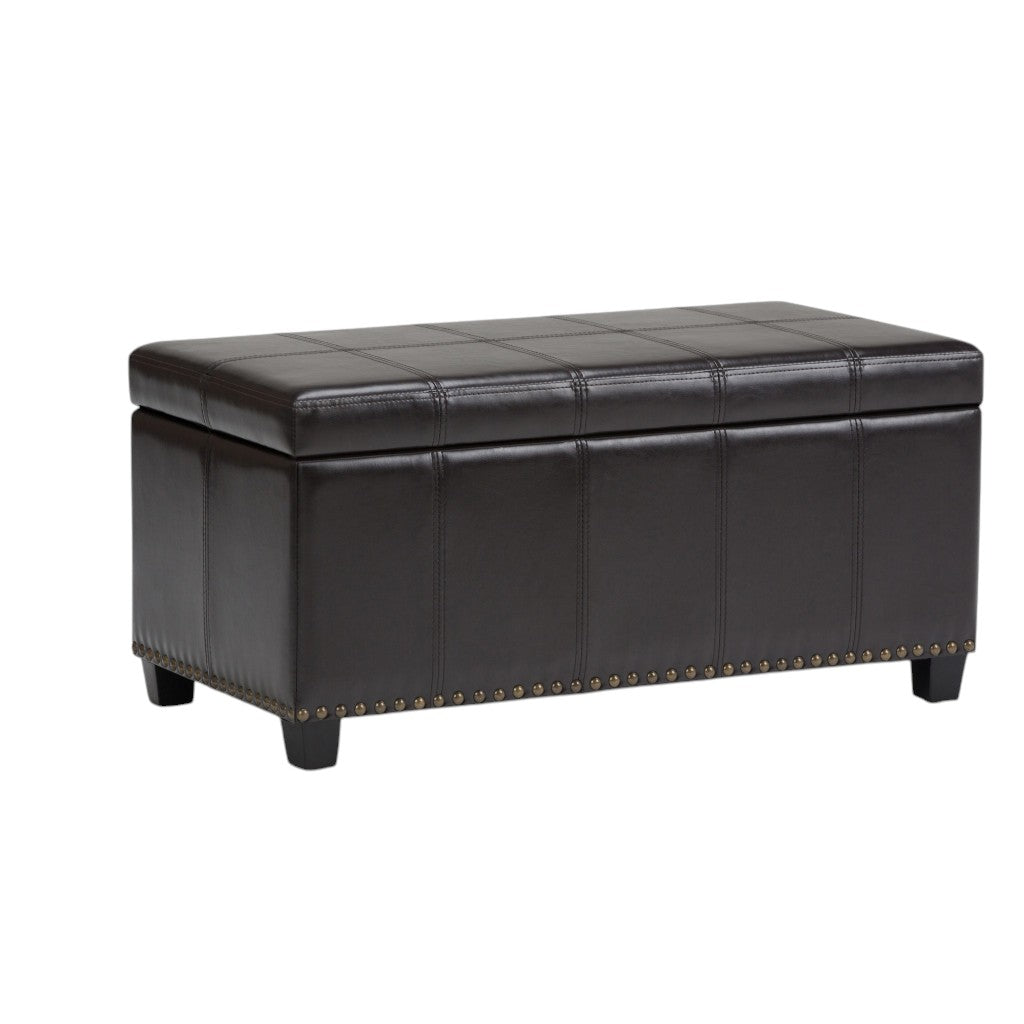 33" Brown and Espresso Faux Leather and Solid Wood Upholstered Storage Bench With Flip Top