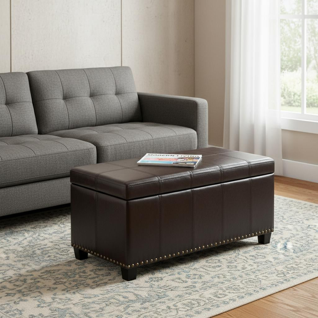 33" Brown and Espresso Faux Leather and Solid Wood Upholstered Storage Bench With Flip Top