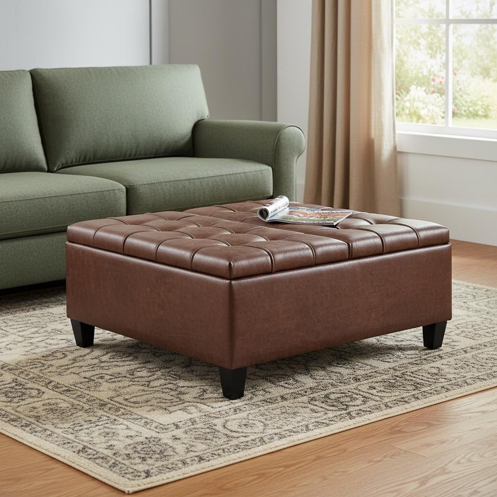 36" Umber And Espresso Faux Leather Tufted Ottoman With Storage