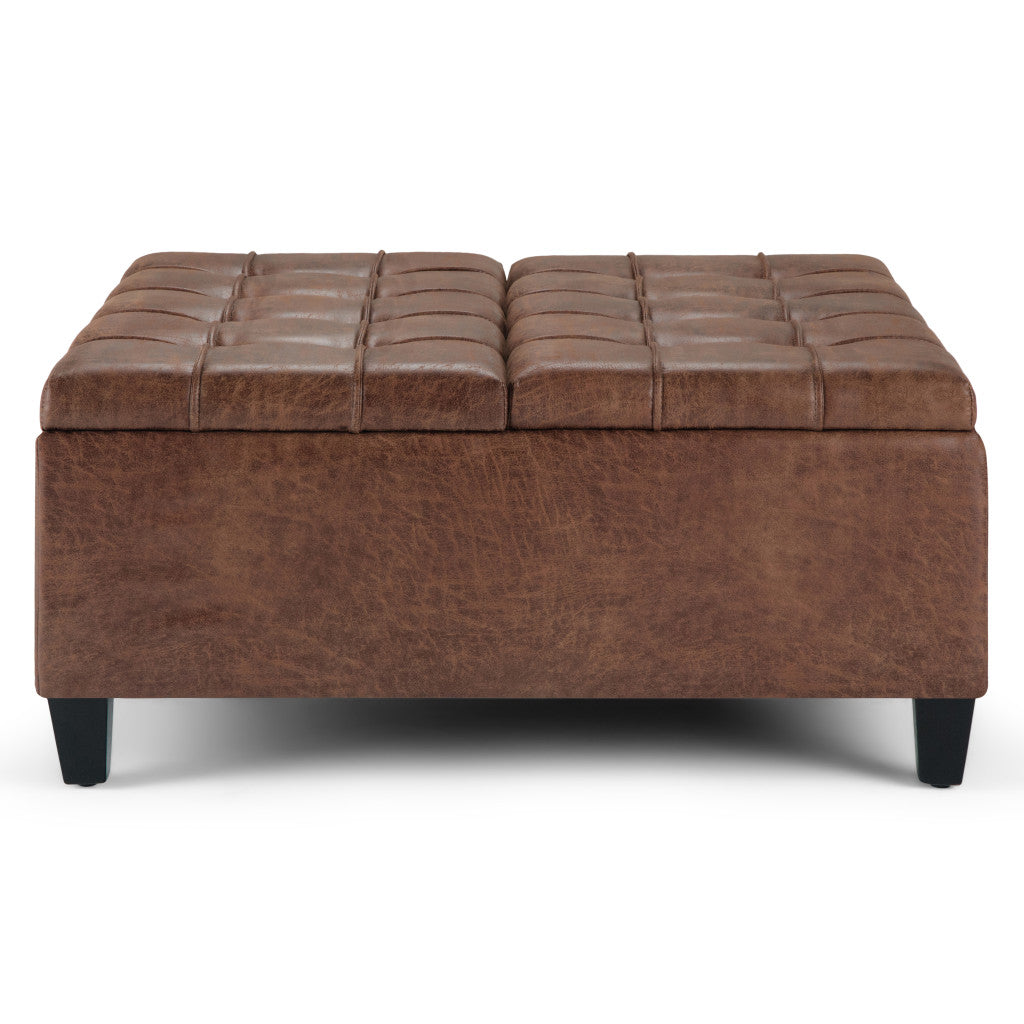 36" Umber And Espresso Faux Leather Tufted Ottoman With Storage