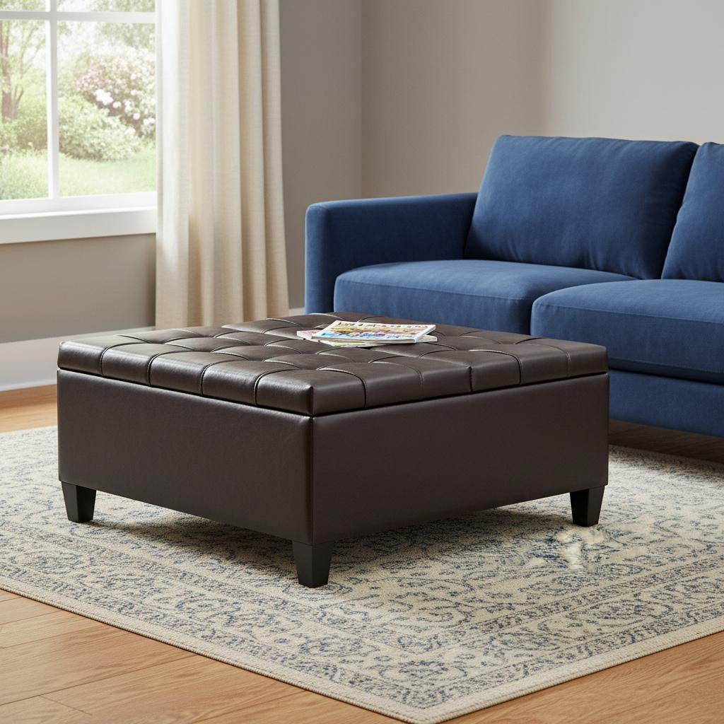 36" Brown And Espresso Faux Leather Tufted Ottoman With Storage