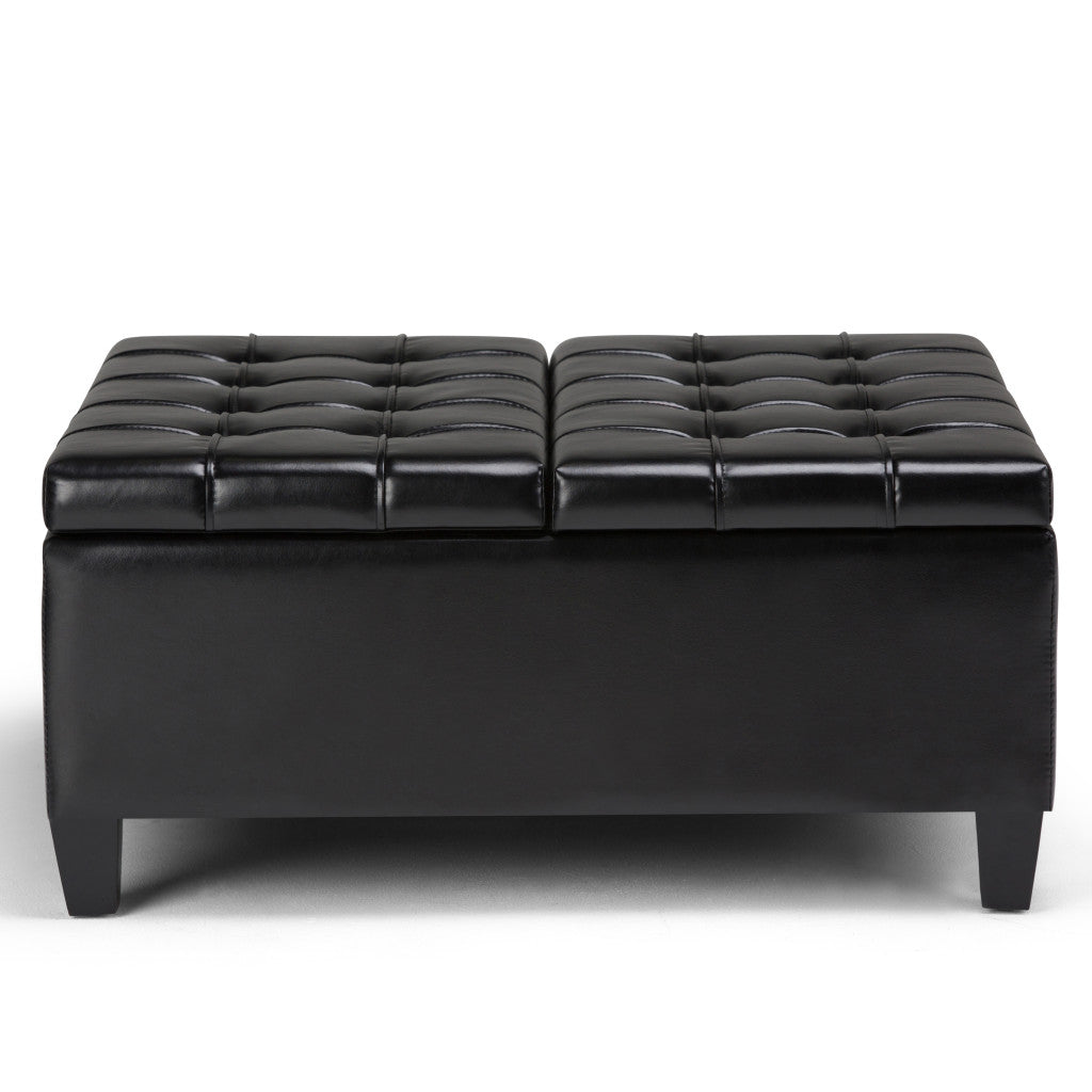 36" Black And Espresso Faux Leather Tufted Ottoman With Storage