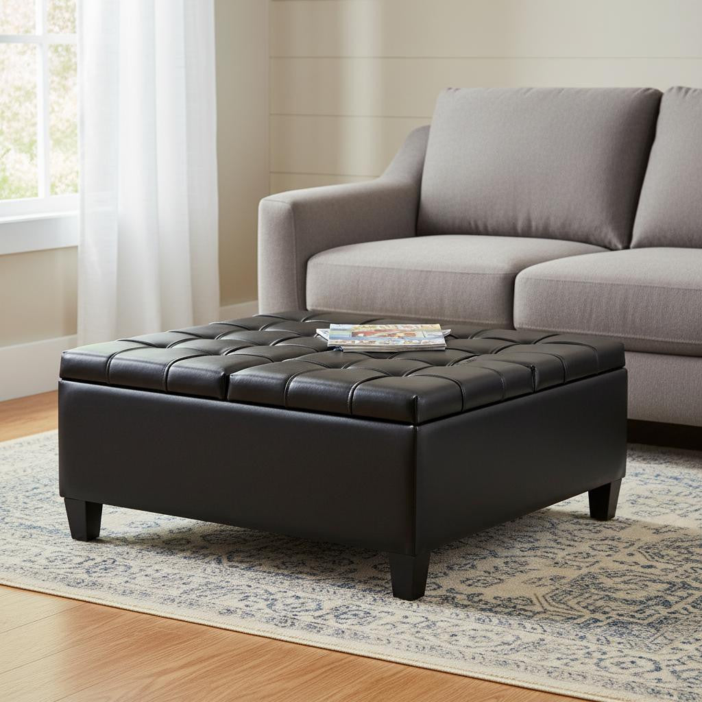 36" Black And Espresso Faux Leather Tufted Ottoman With Storage