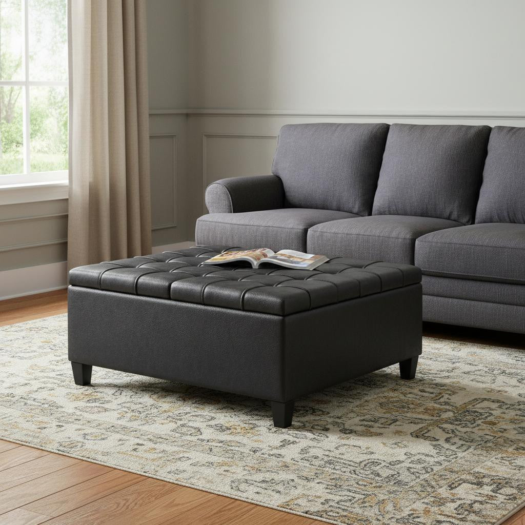 36" Black And Espresso Faux Leather Tufted Ottoman With Storage