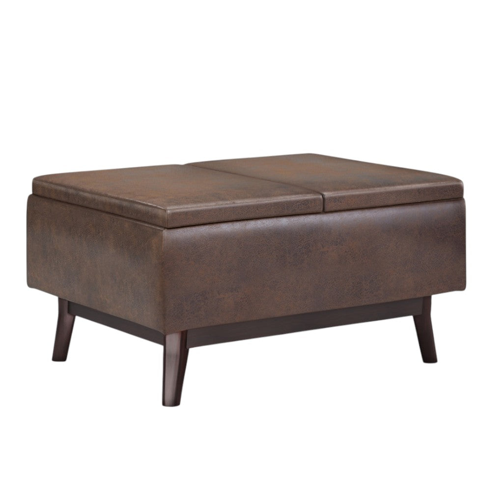 34" Chestnut And Brown Faux Leather Ottoman With Storage