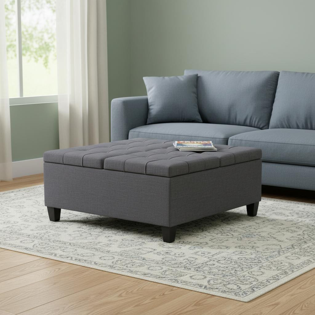36" Slate Gray And Espresso Upholstery Tufted Ottoman With Storage