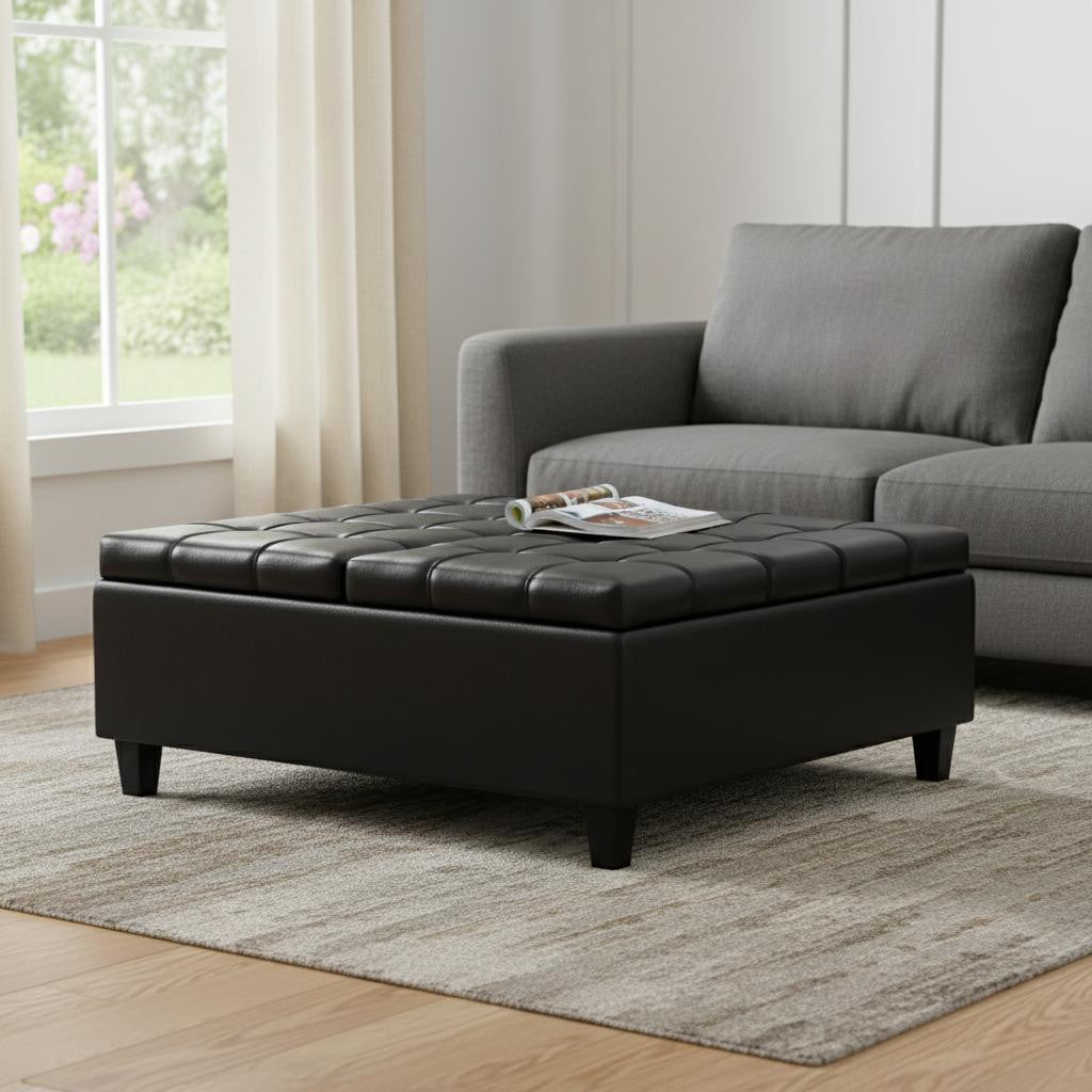 40" Black Faux Leather Tufted Cocktail Ottoman With Storage