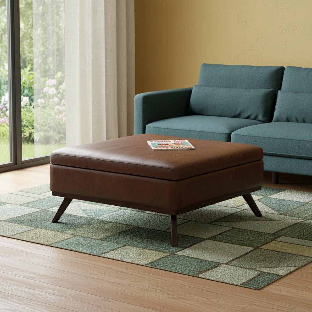 36" Chestnut And Brown Faux Leather Ottoman With Storage