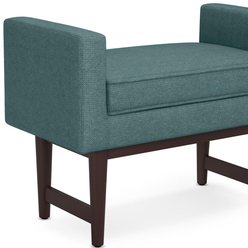 29" Teal Blue And Walnut Linen Ottoman