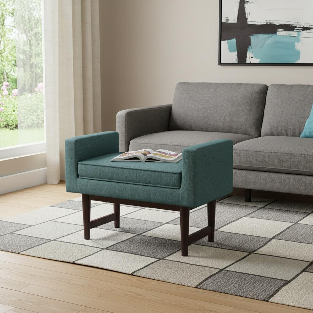 29" Teal Blue And Walnut Linen Ottoman
