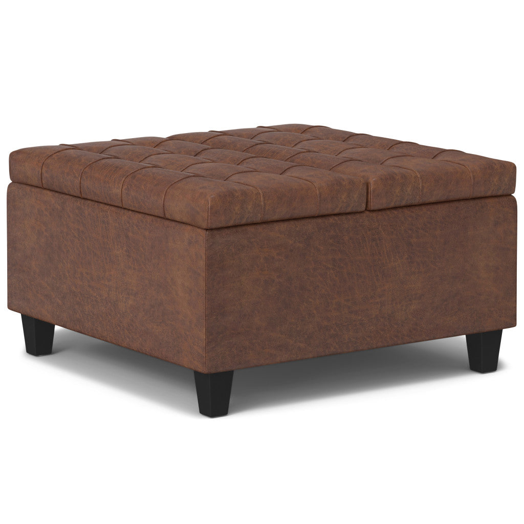 30" Brown Faux Leather Tufted Ottoman With Storage