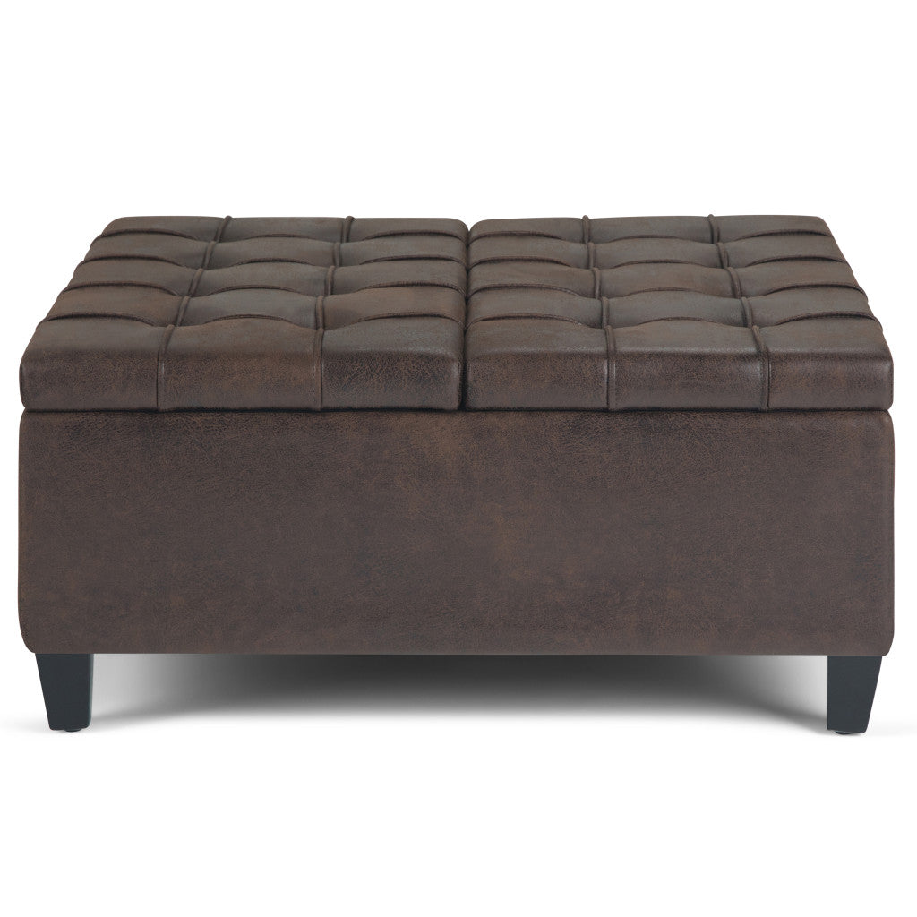 36" Brown And Espresso Faux Leather Tufted Ottoman With Storage