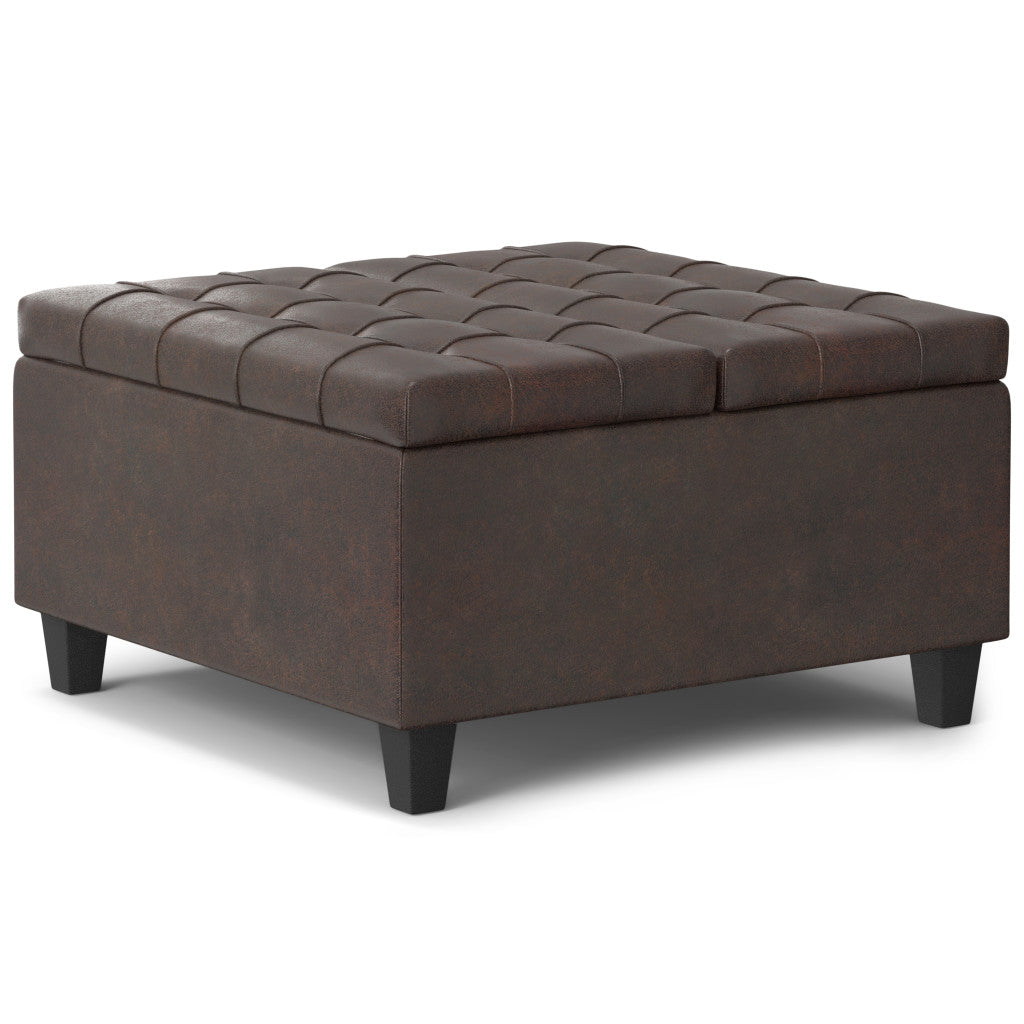 30" Brown Faux Leather Tufted Ottoman With Storage