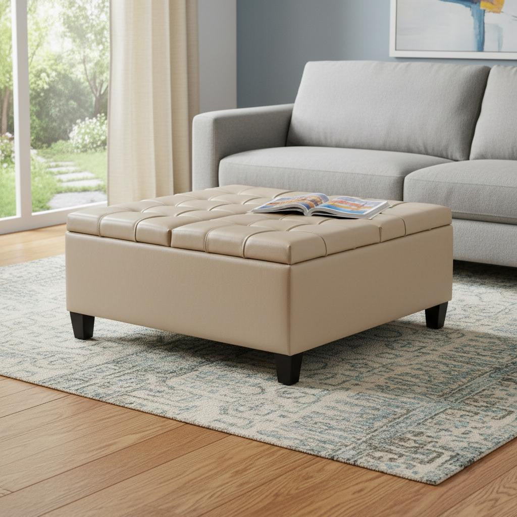 36" Cream And Espresso Faux Leather Tufted Ottoman With Storage