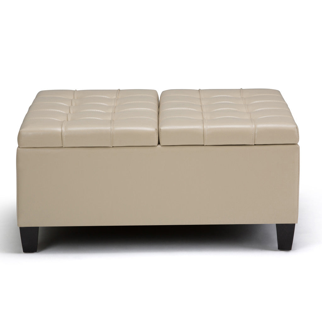 36" Cream And Espresso Faux Leather Tufted Ottoman With Storage