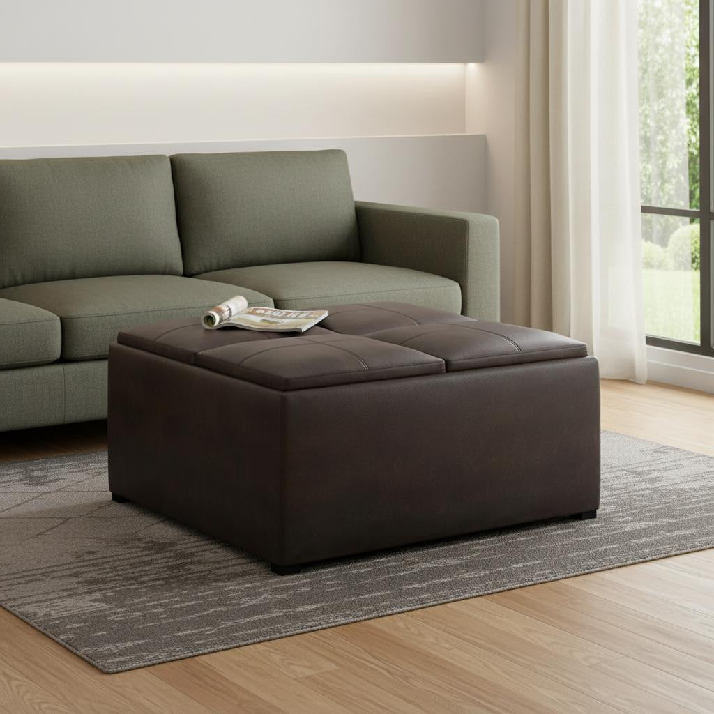 35" Brown And Black Faux Leather Ottoman With Storage