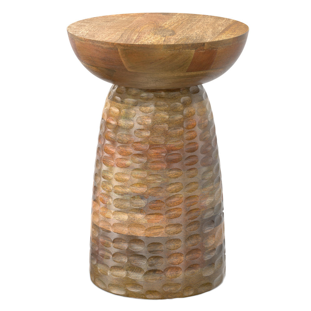 18" Brown Distressed Solid Wood Round Pedestal End Table