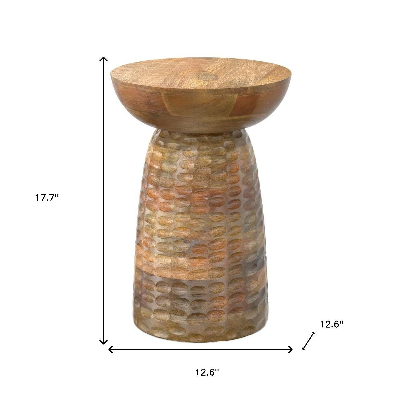 18" Brown Distressed Solid Wood Round Pedestal End Table