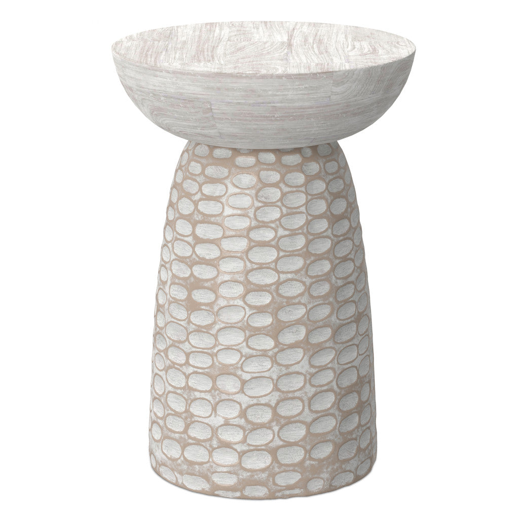 18" White And Natural Distressed Solid Wood Round Pedestal End Table