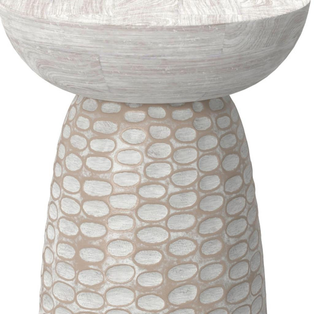18" White And Natural Distressed Solid Wood Round Pedestal End Table