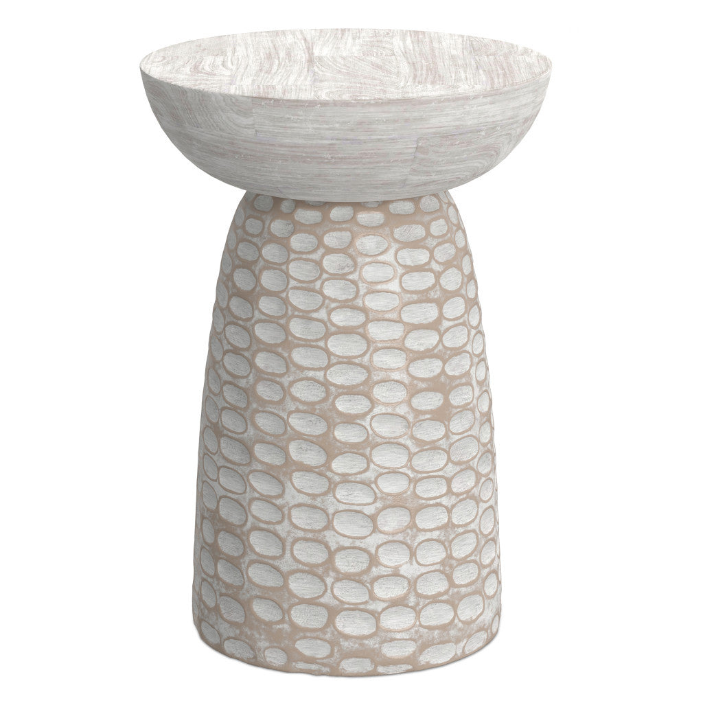 18" White And Natural Distressed Solid Wood Round Pedestal End Table