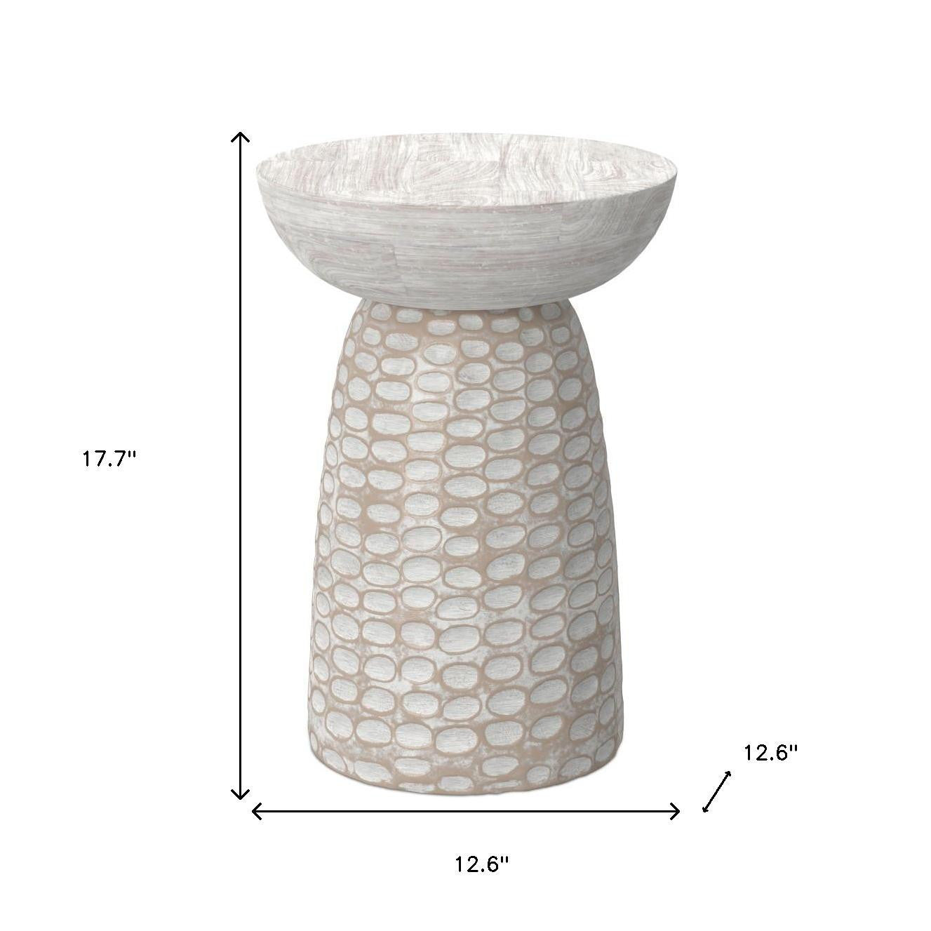 18" White And Natural Distressed Solid Wood Round Pedestal End Table