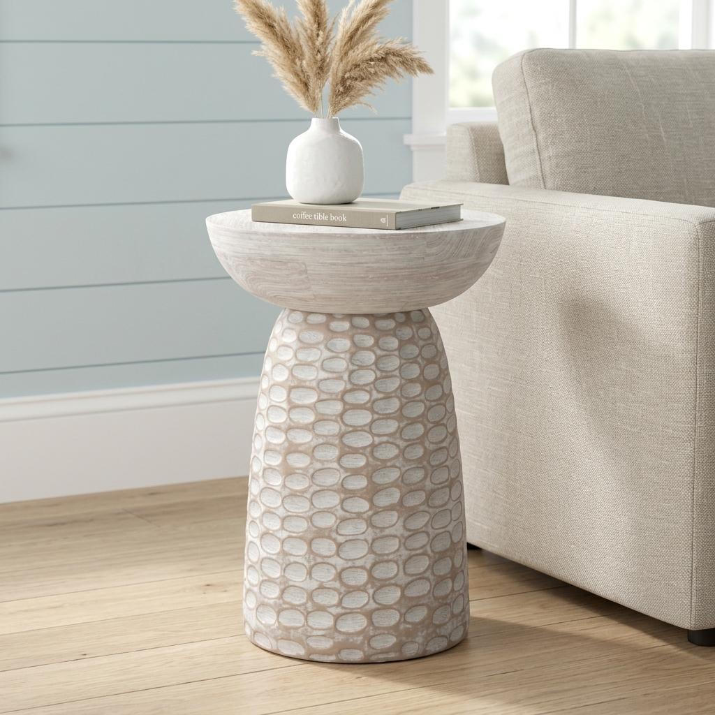 18" White And Natural Distressed Solid Wood Round Pedestal End Table