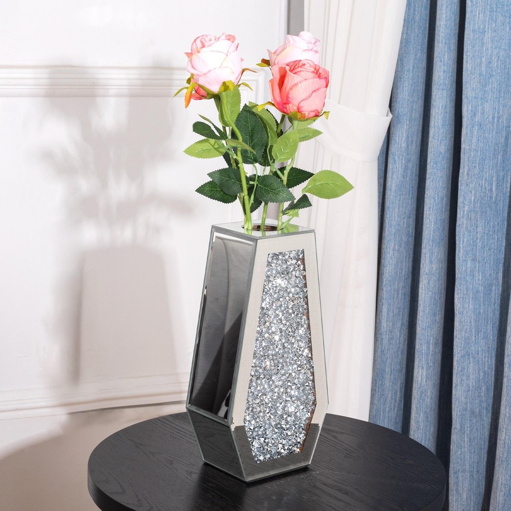 12" Silver Faux Crystal And Mirrored Glass Table Vase