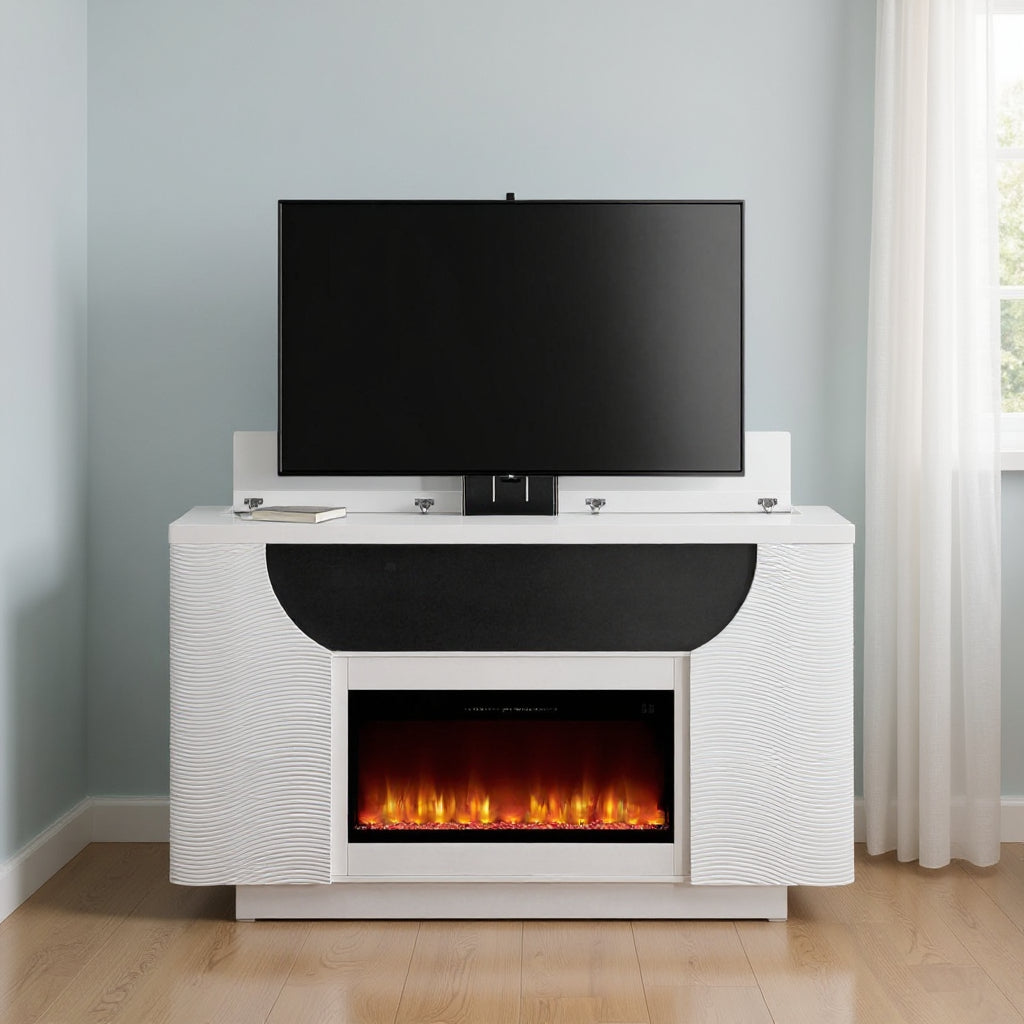 76" White Ribbed Wood Electric Storage Cabinet TV Fireplace With LED And Speaker