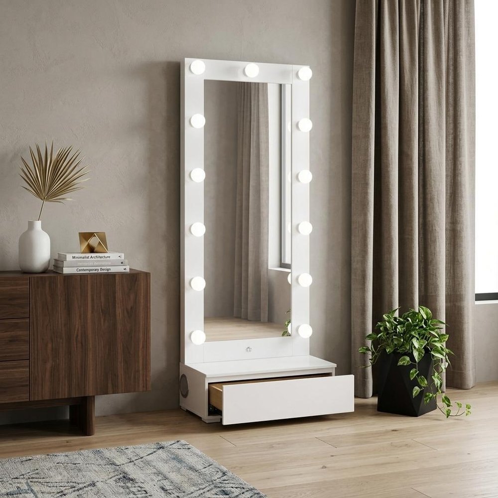 74" White Wood Lighted Freestanding Framed Full Length Mirror