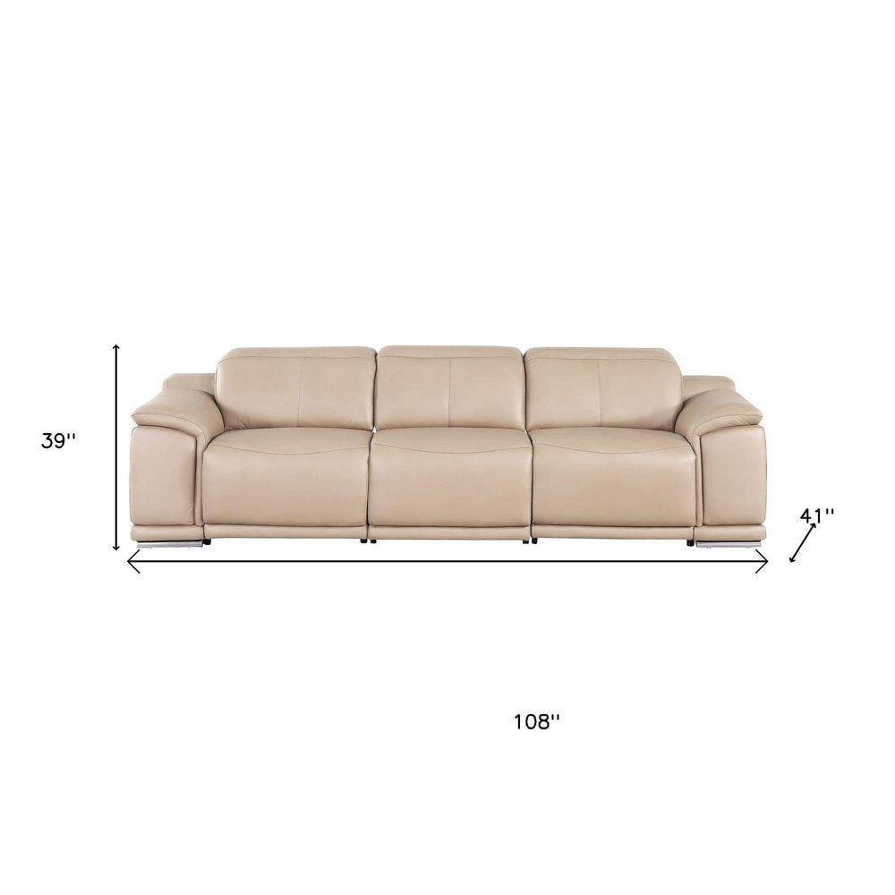 107" Beige Top Grain Leather Reclining USB Sofa
